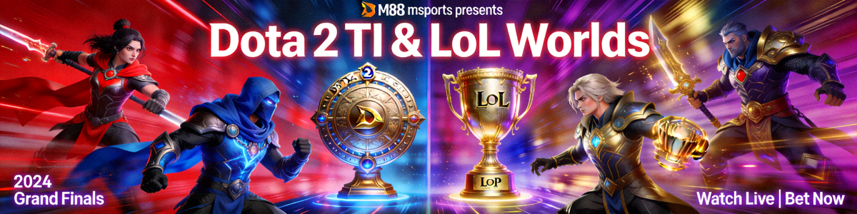 Banner promosi turnamen esports besar seperti Dota 2 The International dan League of Legends Worlds di M88 msports