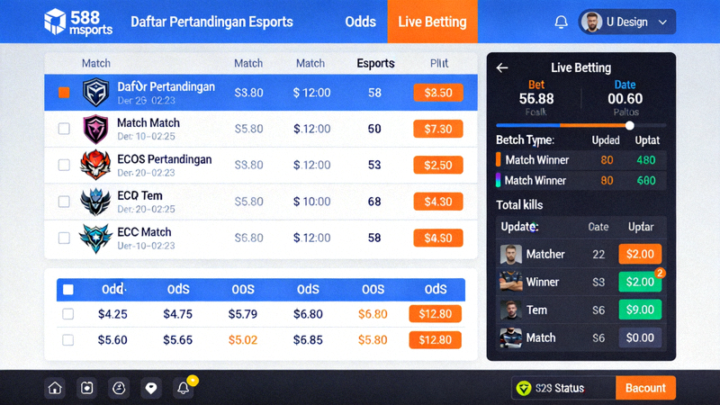 Tampilan antarmuka lengkap platform M88 msports yang menunjukkan daftar pertandingan esports, odds, dan fitur live betting