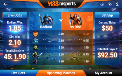 Tampilan layar live betting untuk pertandingan Dota 2 dengan odds yang berubah-ubah secara real-time di M88 msports